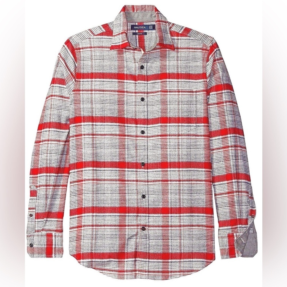 Nautica Slim Fit Plaid Button Up Shirt Men’s Large Red Gray Long Sleeve